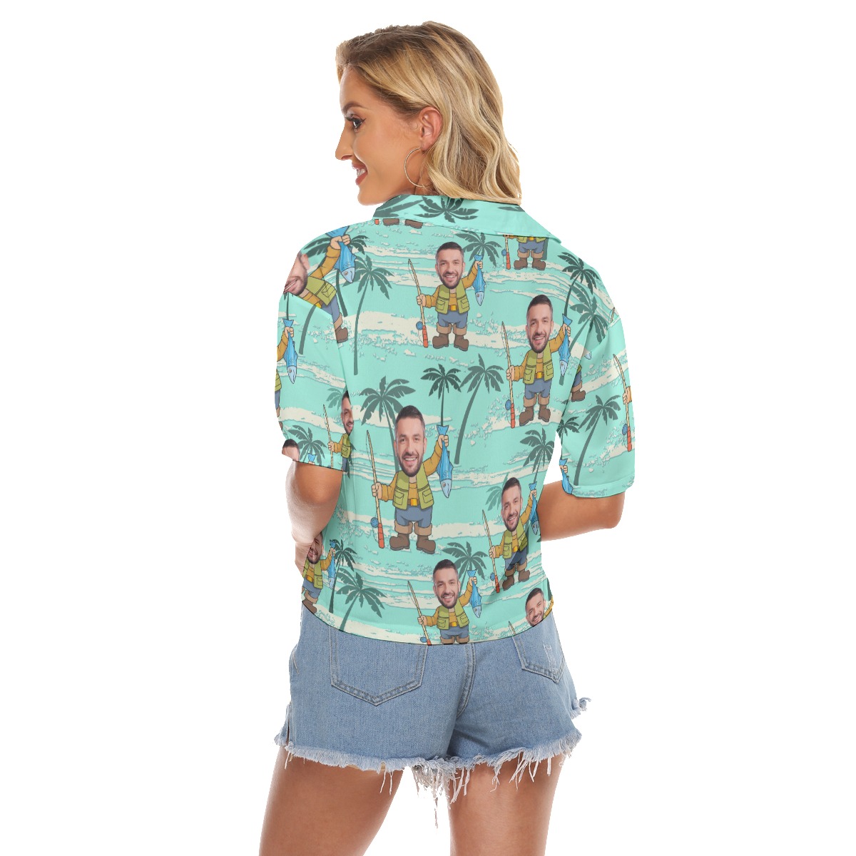 Blue Fishing Custom Face Crop Top Hawaiian Shirt For Women