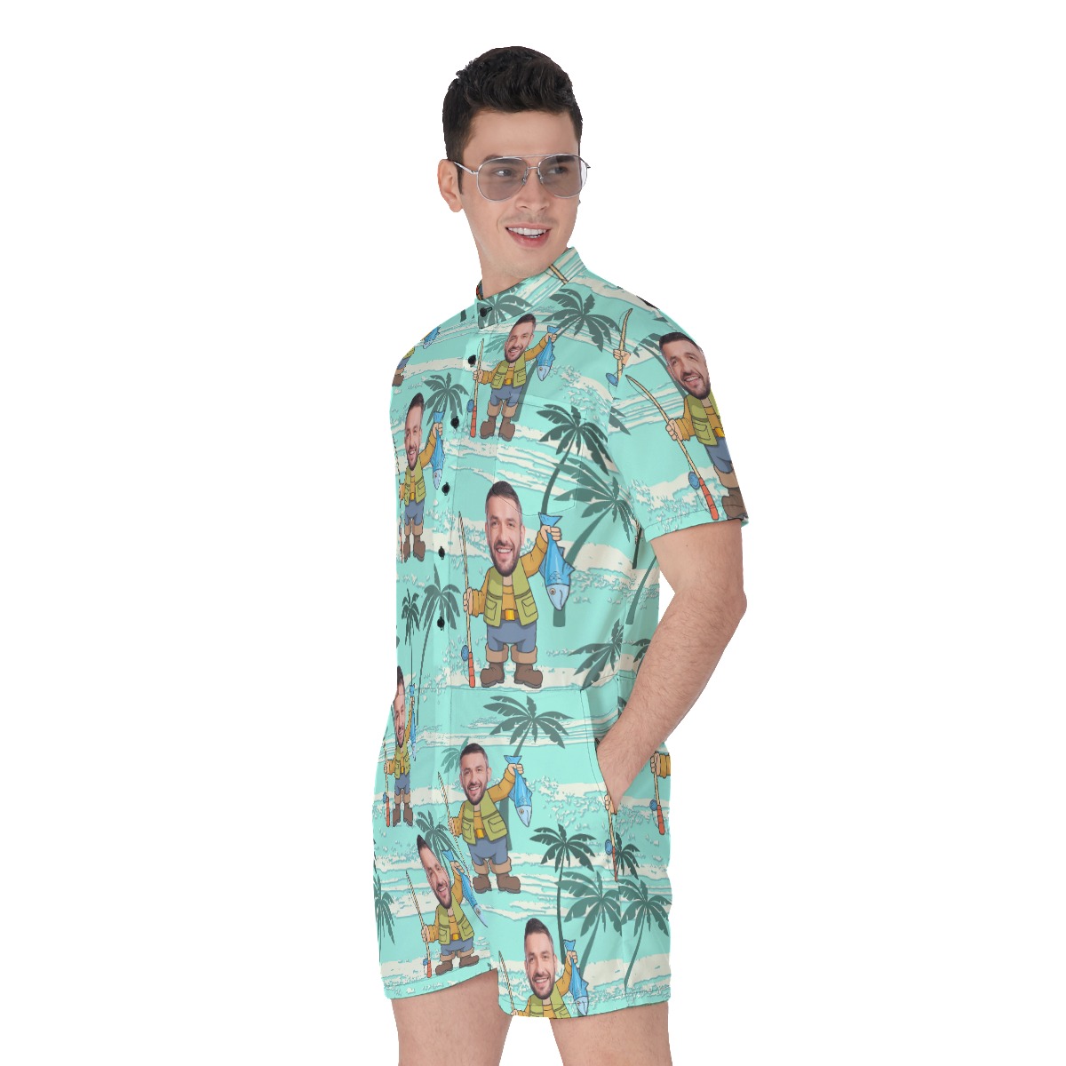 Funny Fishing Custom Face Hawaiian Romper For Men