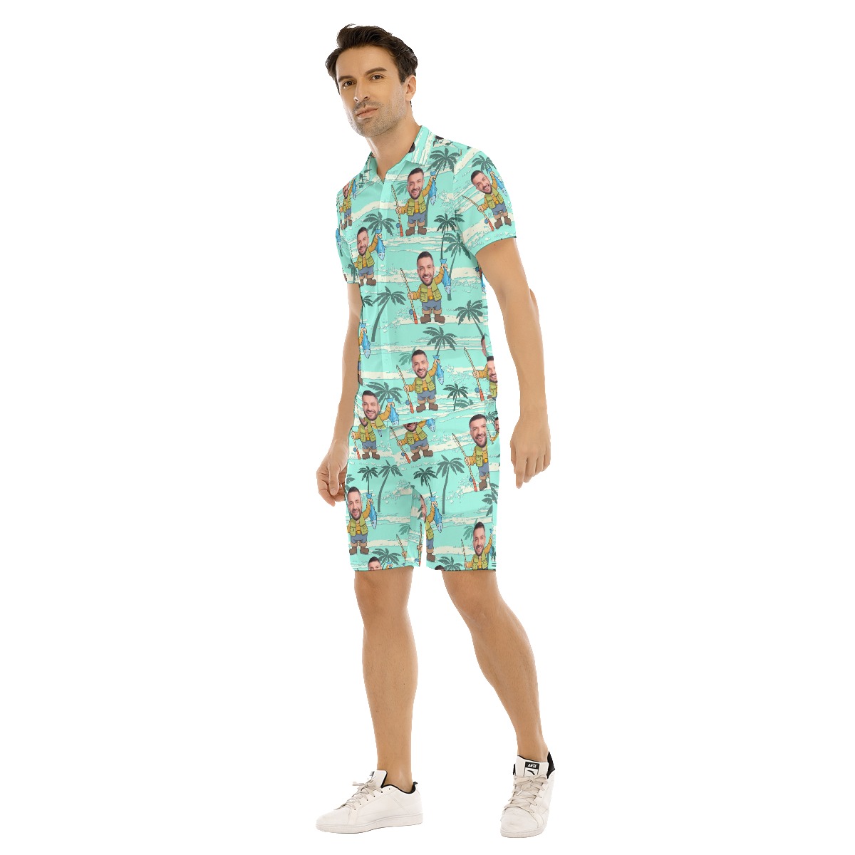Cool Custom Face Fishing Blue Hawaiian Shirts And Shorts For Men