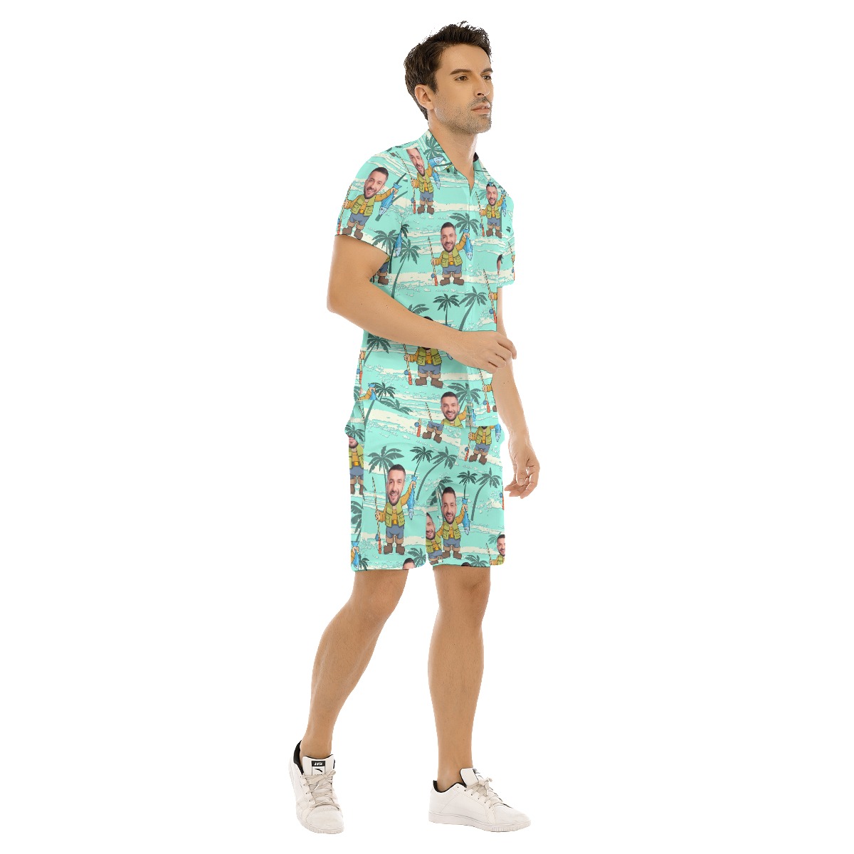 Cool Custom Face Fishing Blue Hawaiian Shirts And Shorts For Men