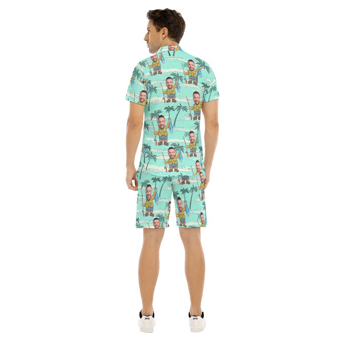Cool Custom Face Fishing Blue Hawaiian Shirts And Shorts For Men