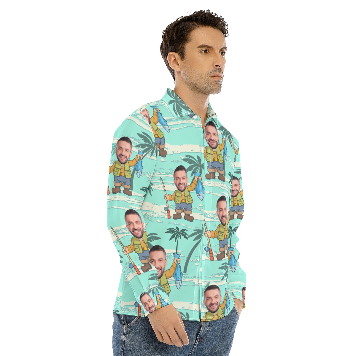 Men's Custom Face Fishing Man Long Sleeve Hawaiian Shirt