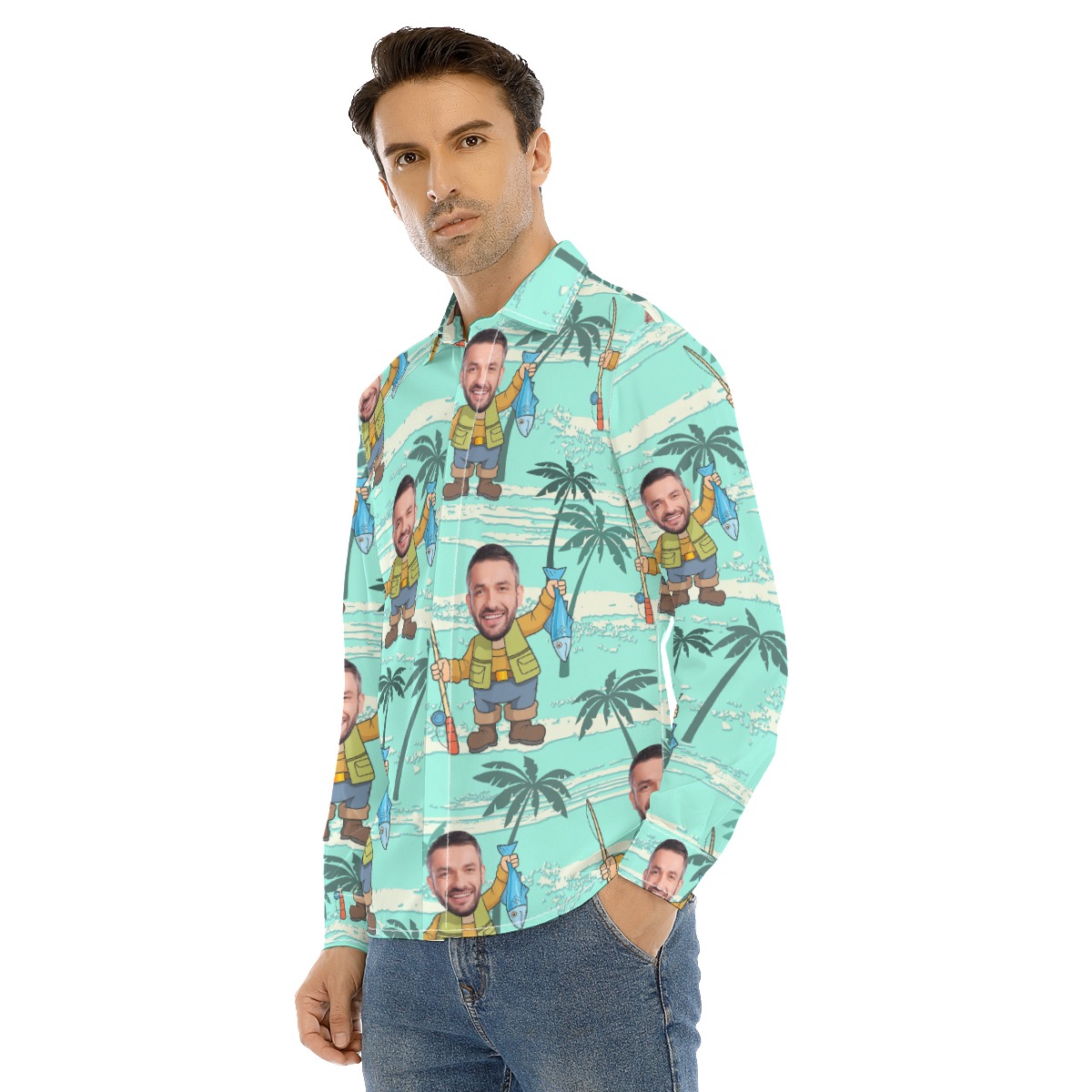 Men's Custom Face Fishing Man Long Sleeve Hawaiian Shirt