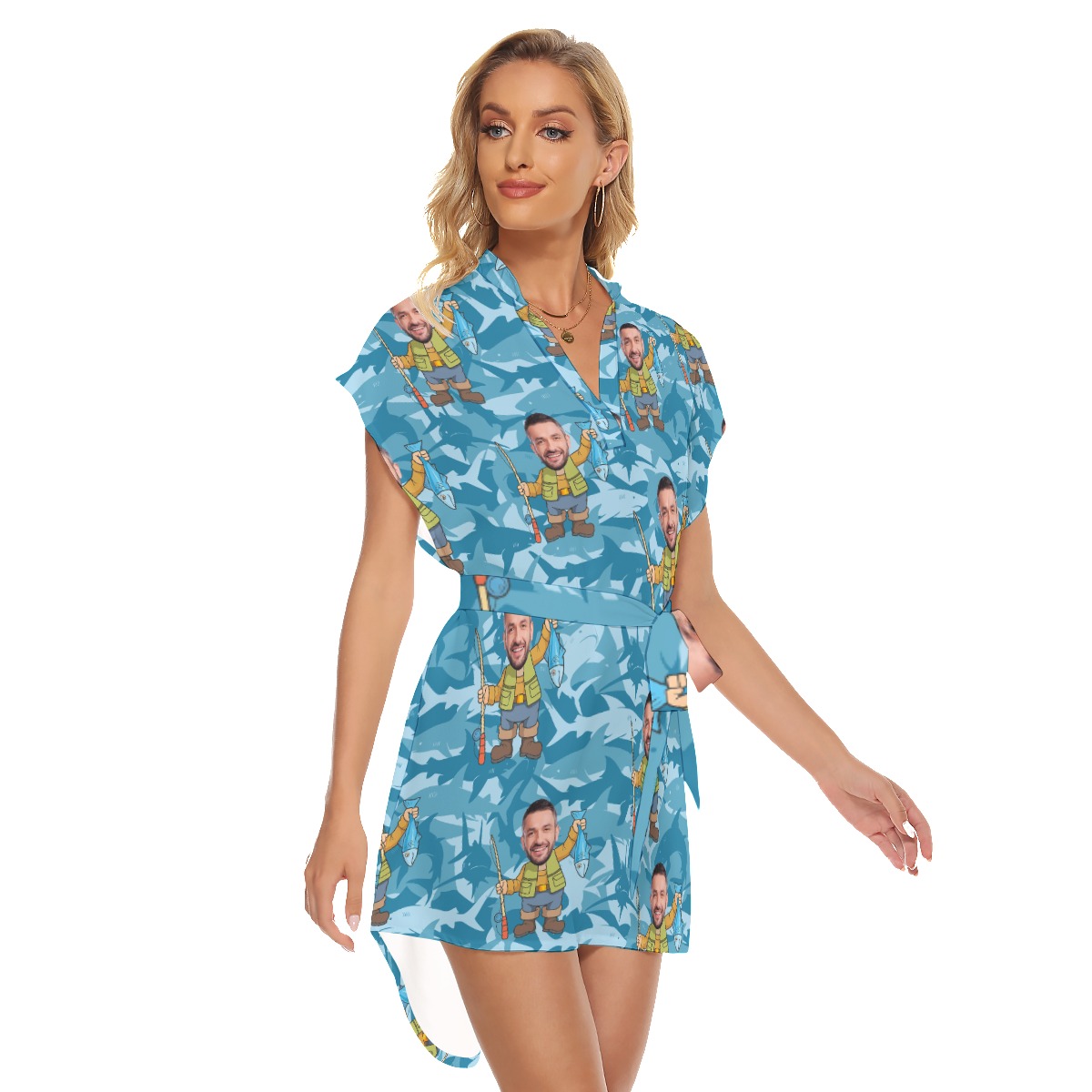 Fishing Man Custom Face Women's Dress With Tie Belt