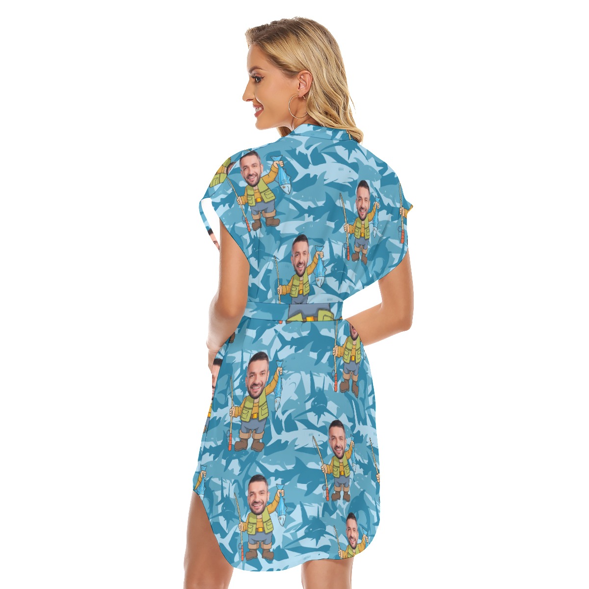 Fishing Man Custom Face Women's Dress With Tie Belt