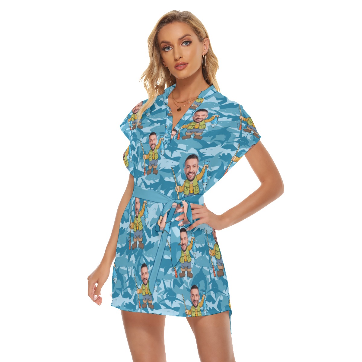 Fishing Man Custom Face Women's Dress With Tie Belt