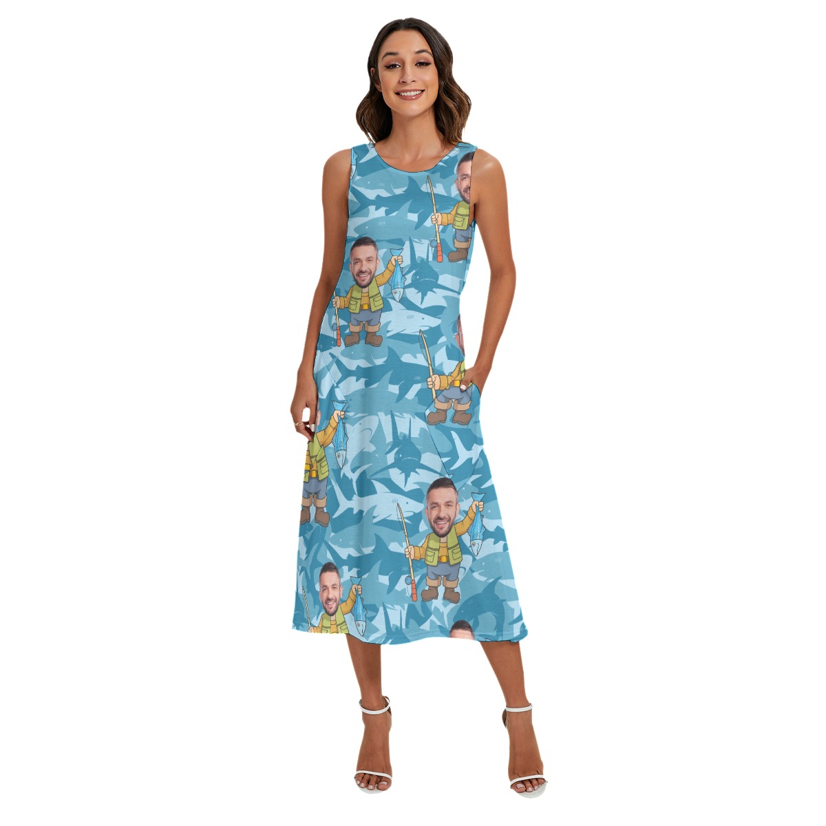 Funny Fishing Custom Face Hawaiian Dress With Pockets For Women