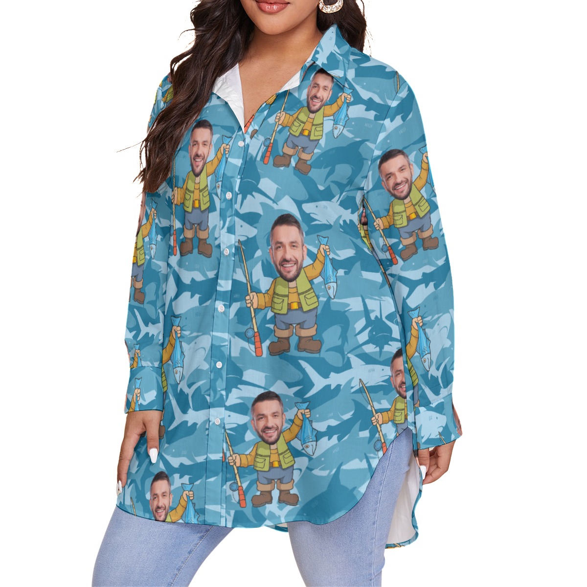 Funny Fishing Custom Face Hawaiian Shirt Oversized For Women