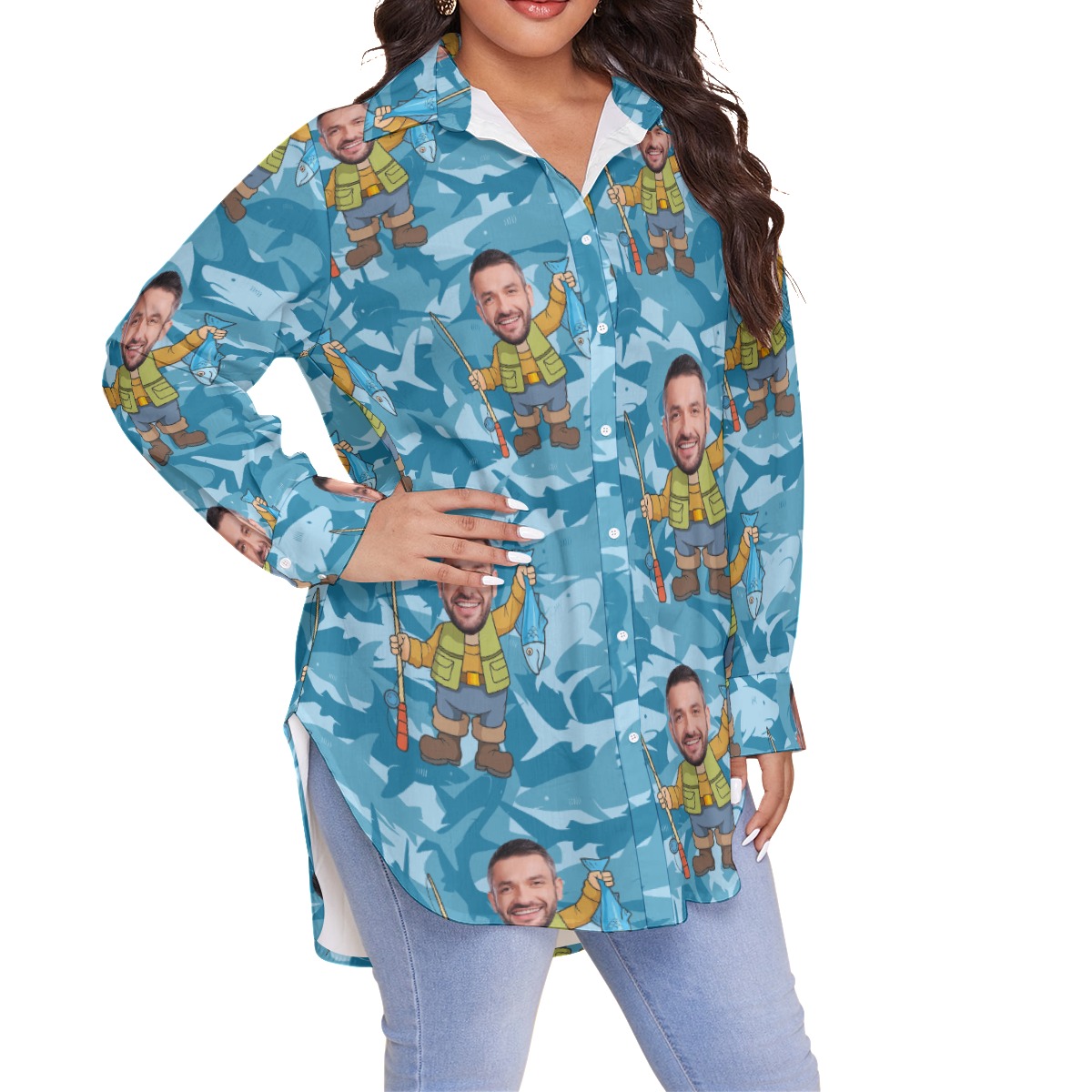 Funny Fishing Custom Face Hawaiian Shirt Oversized For Women