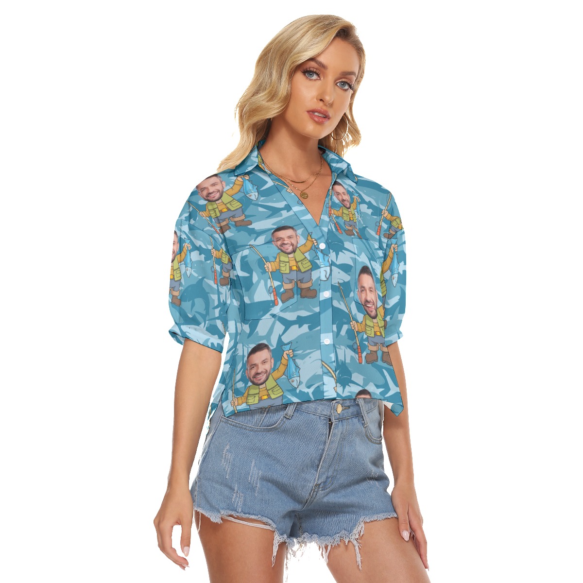 Custom Face Fishing Hawaiian Crop Top Shirt For Women