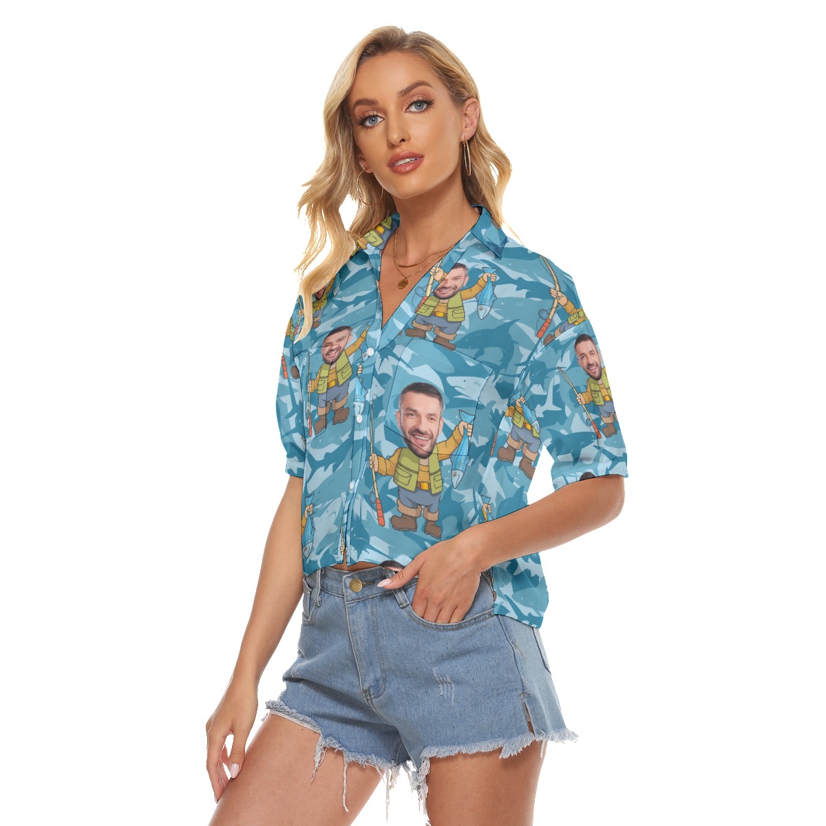 Custom Face Fishing Hawaiian Crop Top Shirt For Women