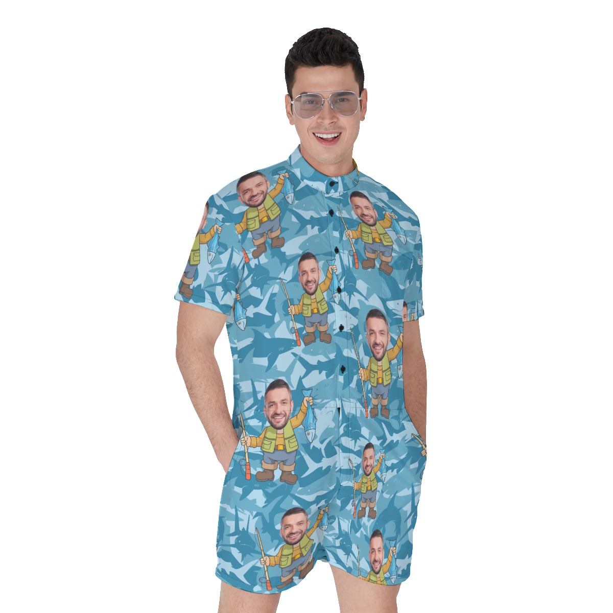 Custom Face Fishing Man Hawaiian Romper For Men - variant image 1