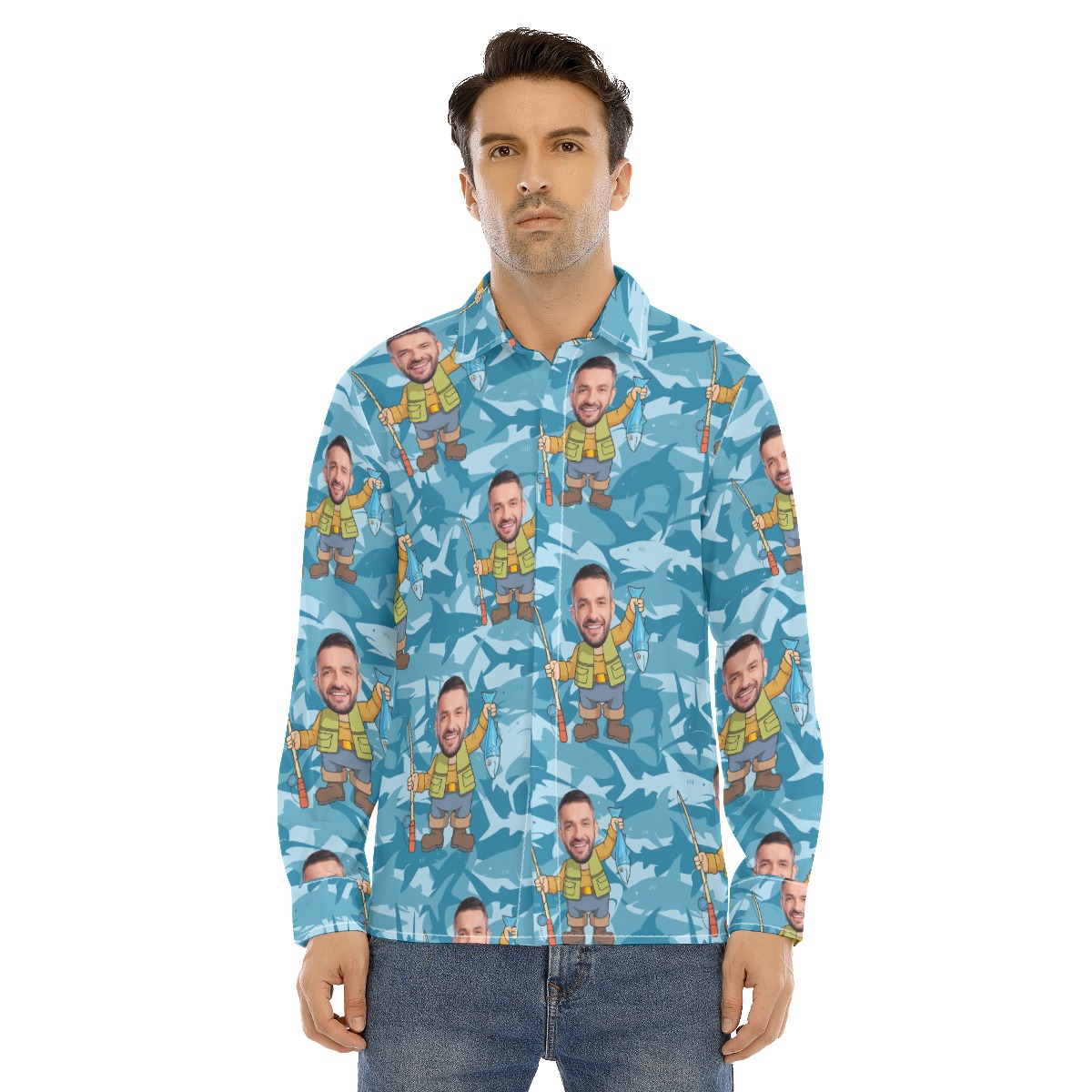 Fishing Custom Face Long Sleeve Hawaiian Shirt For Men - variant image 1