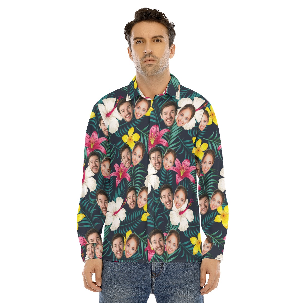 Custom 2 Faces Floral Tropical Long Hawaiian Shirt - variant image 1