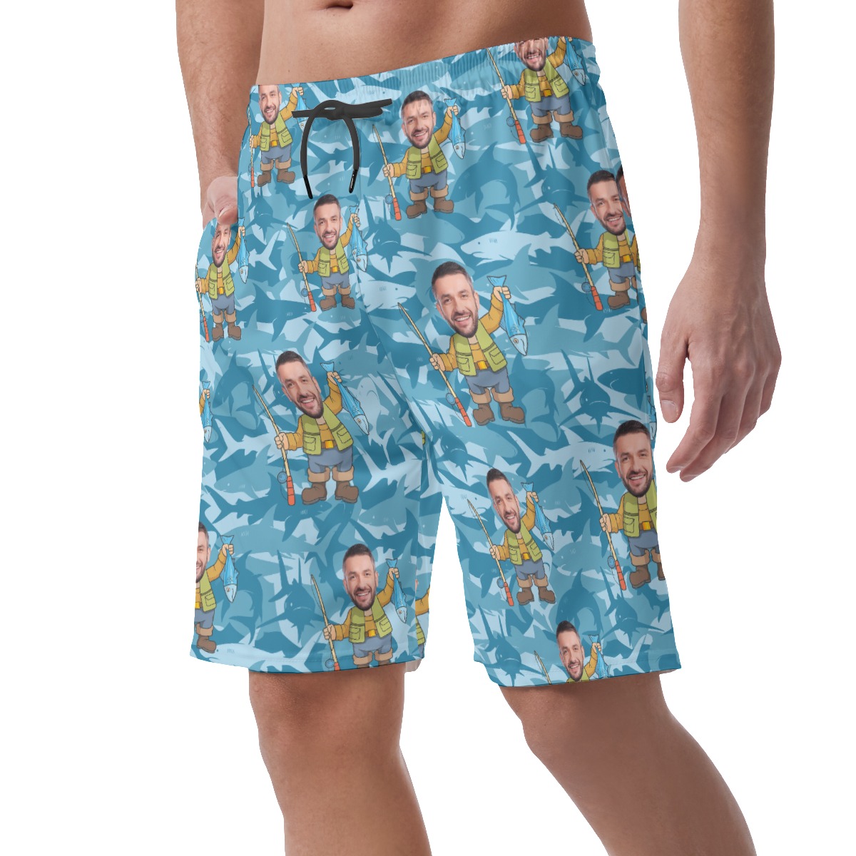 Custom Face Fishing Man Hawaiian Beach Shorts For Men