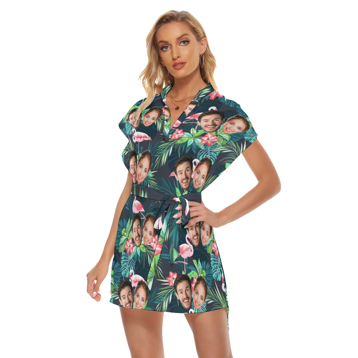 Flamingo Tropical Short Dress With Custom 2 Faces