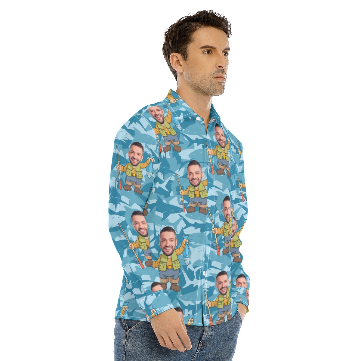Fishing Custom Face Long Sleeve Hawaiian Shirt For Men