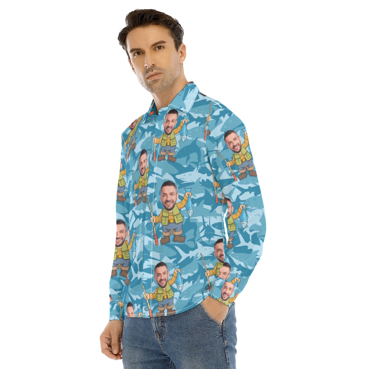 Fishing Custom Face Long Sleeve Hawaiian Shirt For Men
