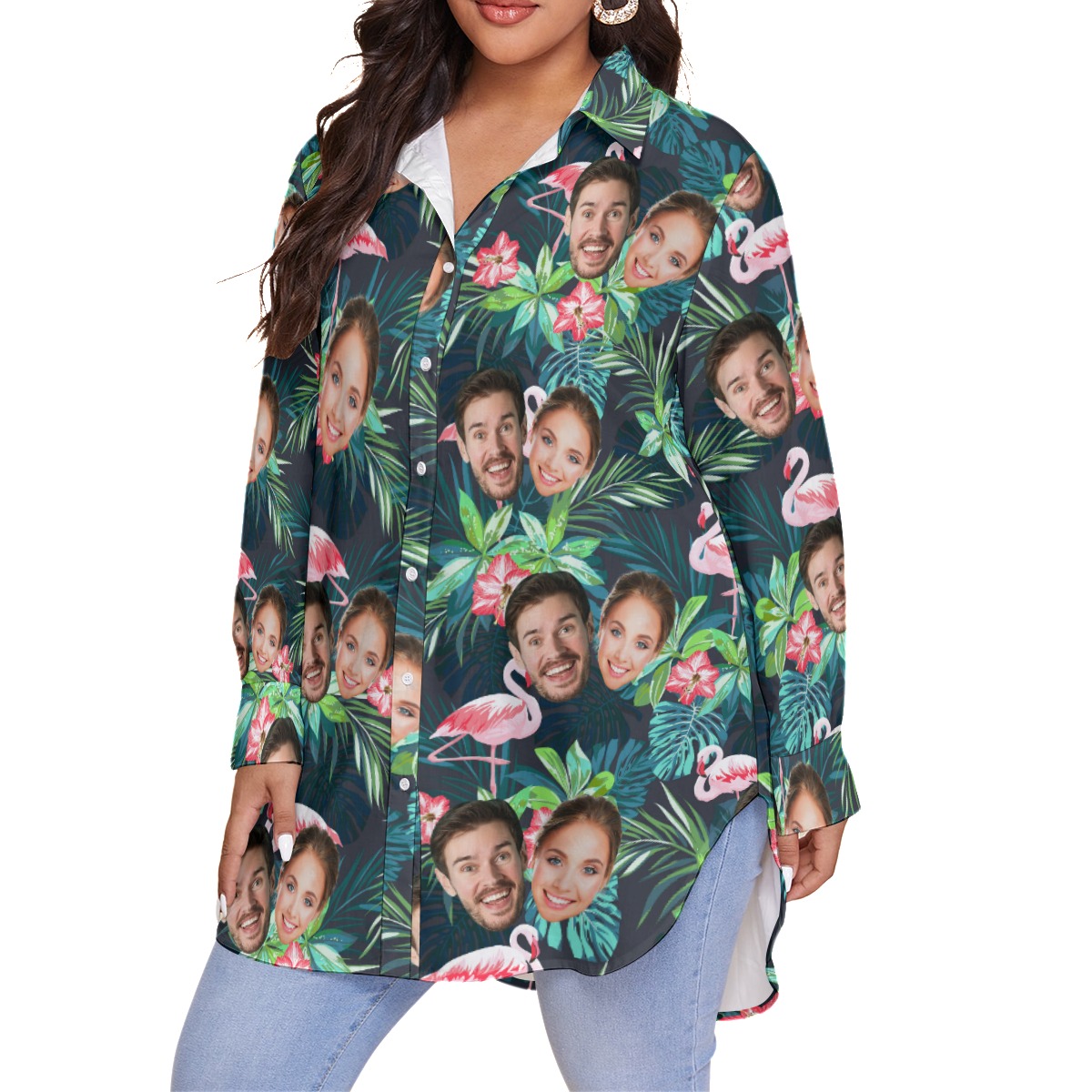 Custom Flamingo Long Sleeve Hawaiian Shirt With Multiple Faces