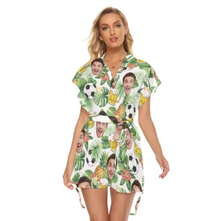 Funny Custom Face Soccer Beer Hawaiian Dress With Belt For Women