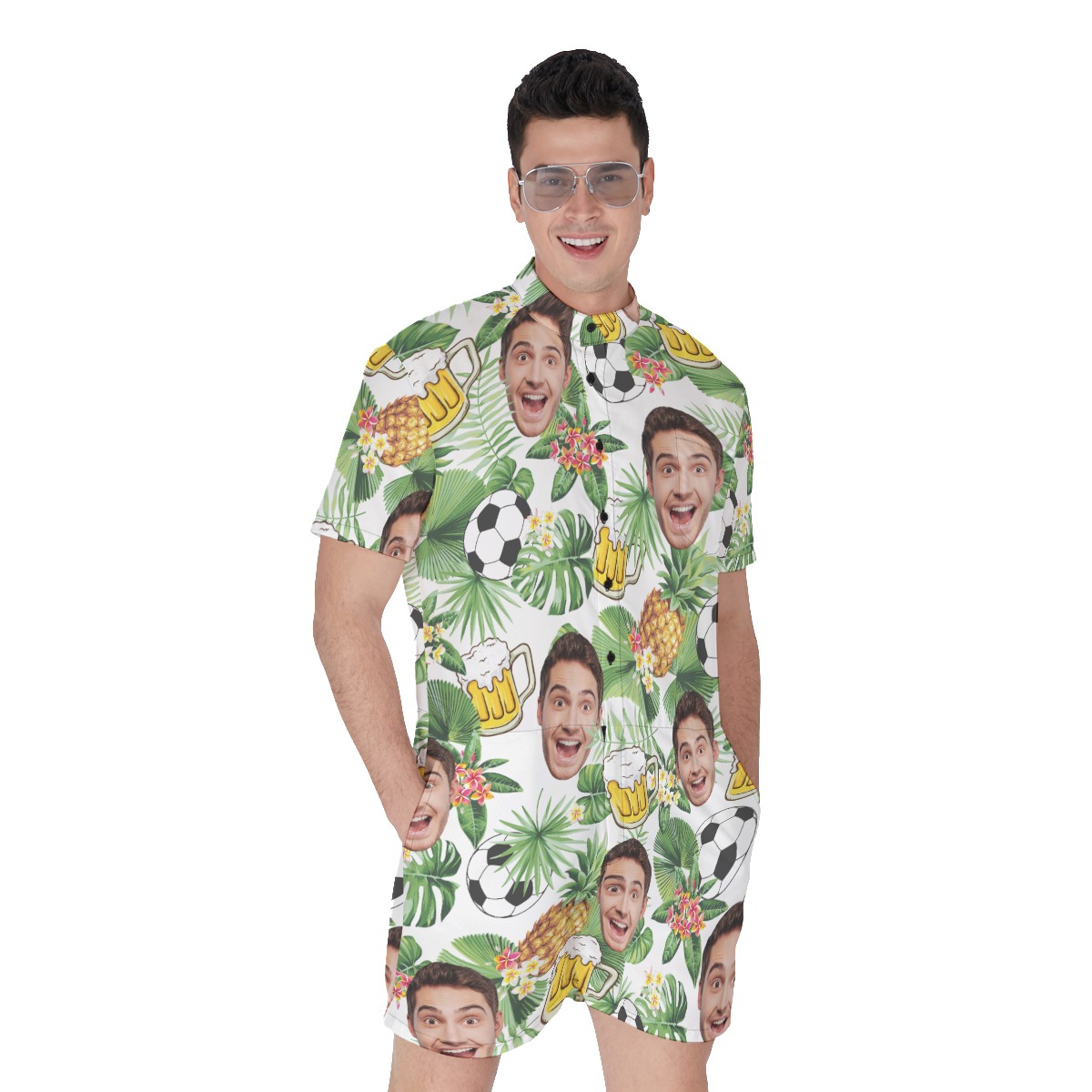 Funny Custom Face Beer And Soccer Hawaiian Romper For Men - variant image 1