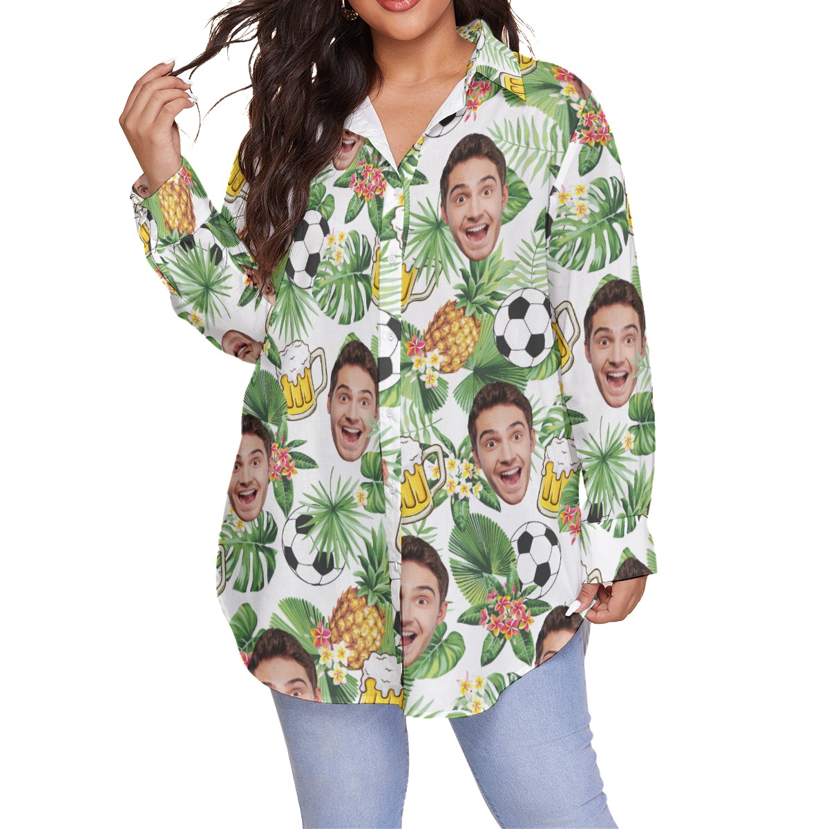 Funny Custom Tropical Soccer Beer Hawaiian Plus Size Shirt With Faces - variant image 1