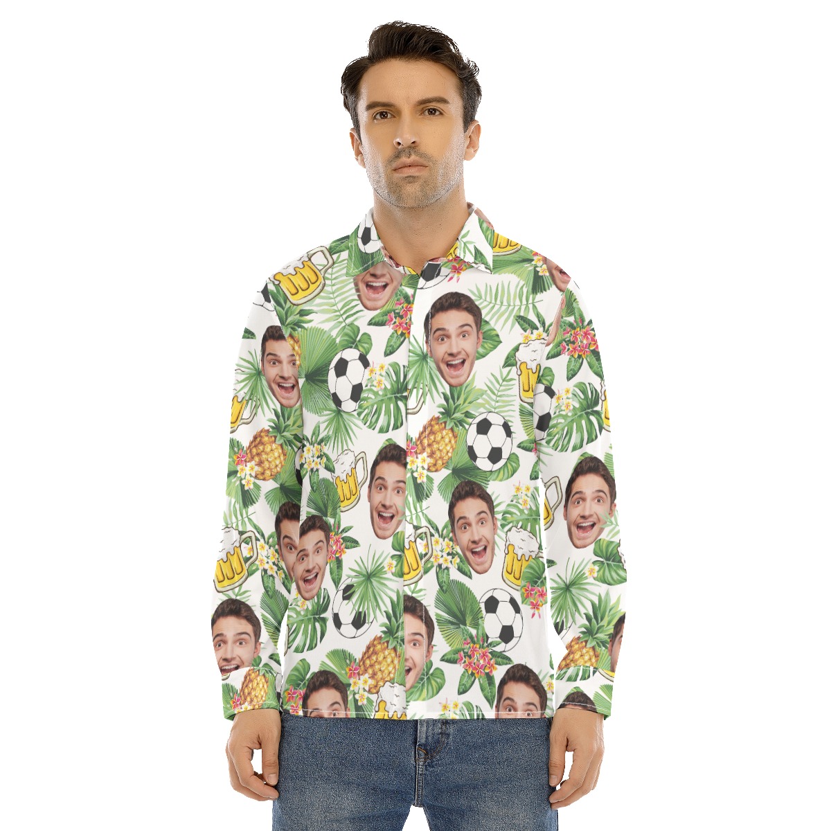 Custom Face Mix Beer And Soccer Hawaiian Long Sleeve Shirt - variant image 1