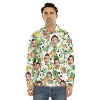 Custom Face Mix Beer And Soccer Hawaiian Long Sleeve Shirt