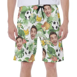 Funny Custom Face Beer And Soccer Hawaiian Swim Trunks For Men