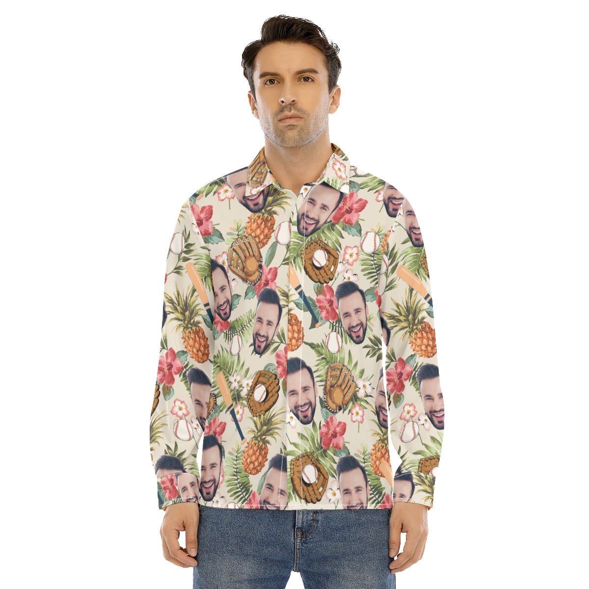 Custom Face Theme Baseball Tropical Hawaiian Long Sleeve Shirt - variant image 1