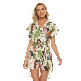 Custom 2 Faces Tropical Hawaiian Casual Dress With Tie