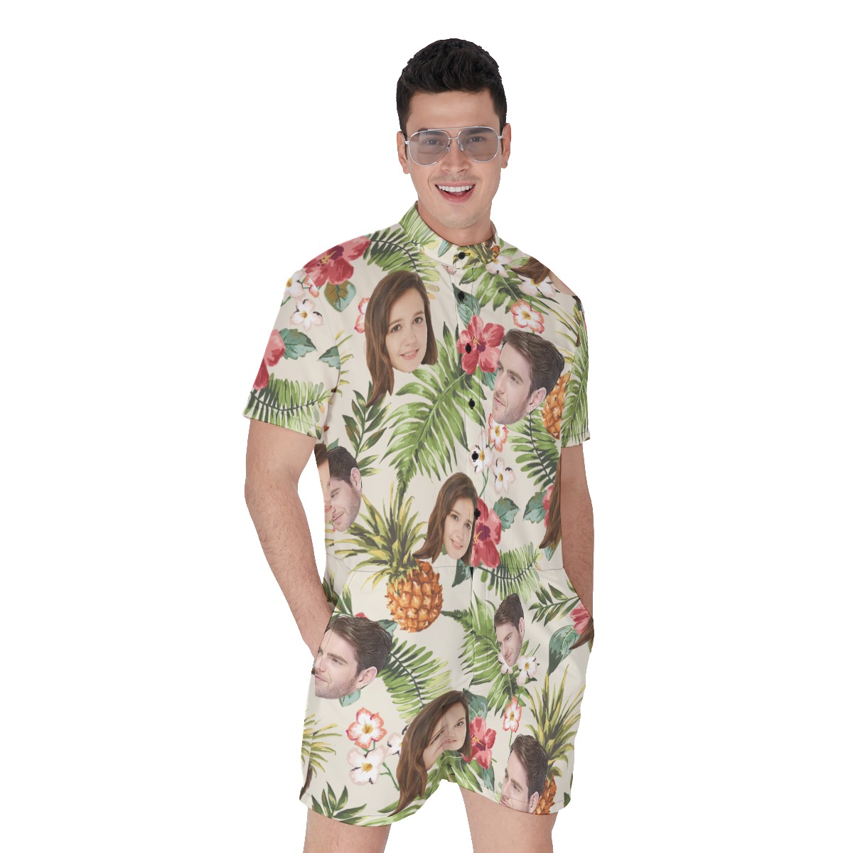 Funny Custom 2 Faces With Pineapple Tropical Patterns Men's Hawaiian Romper - variant image 1