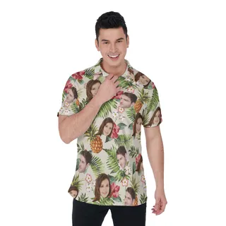 Floral Pineapple Custom Face Hawaiian Polo Shirt For Men