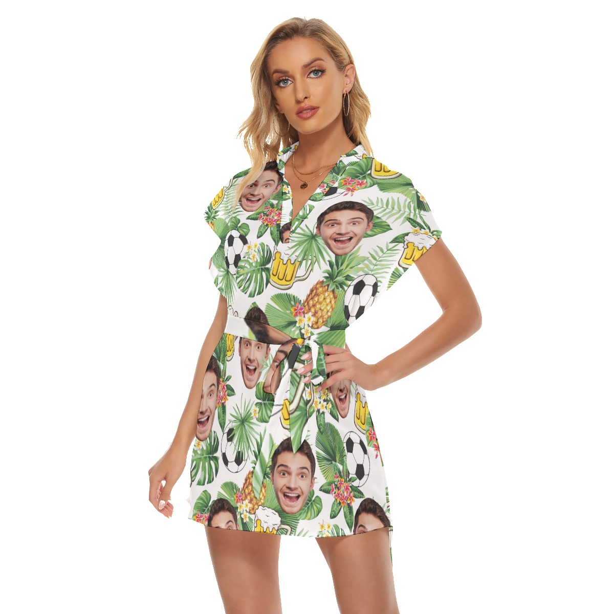 Funny Custom Face Soccer Beer Hawaiian Dress With Belt For Women
