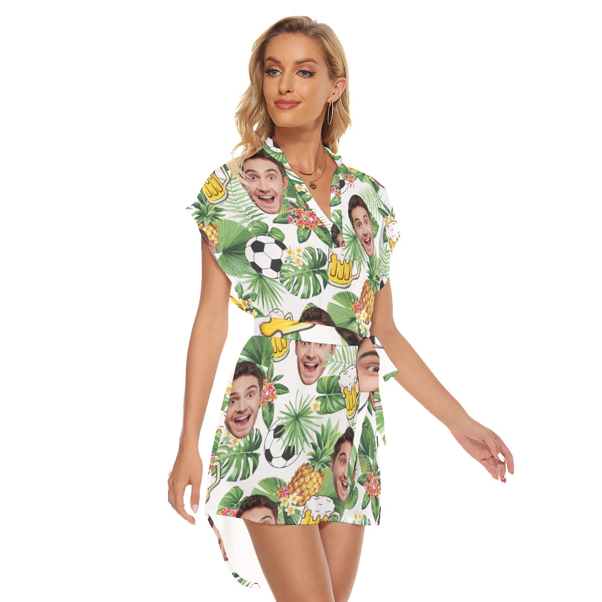 Funny Custom Face Soccer Beer Hawaiian Dress With Belt For Women