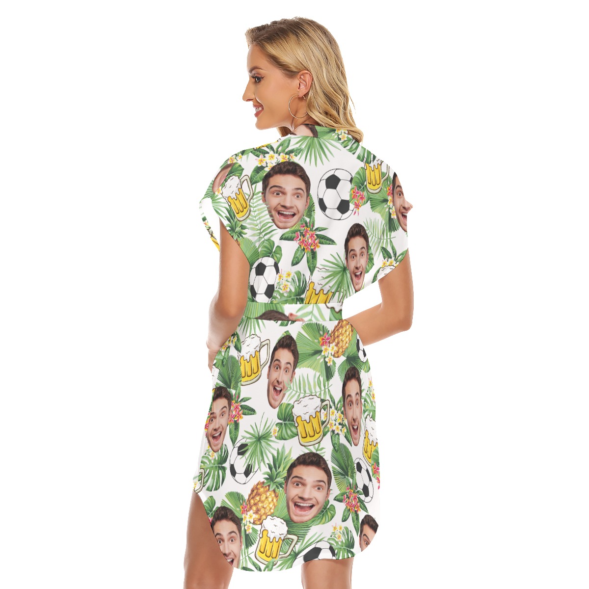 Funny Custom Face Soccer Beer Hawaiian Dress With Belt For Women
