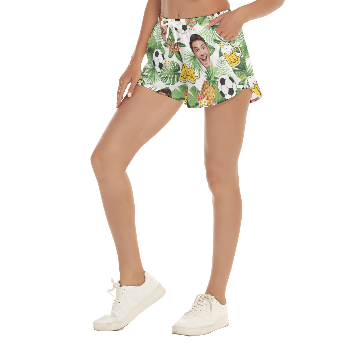 Cool Custom Face Soccer Beer Hawaiian Beach Shorts For Women