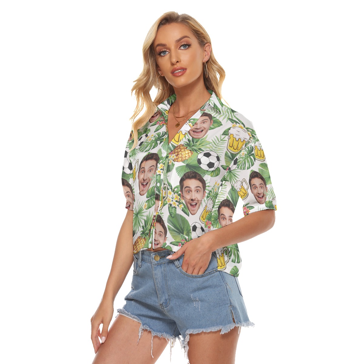 Custom Tropical Soccer Beer Hawaiian Crop Top Shirt With Face