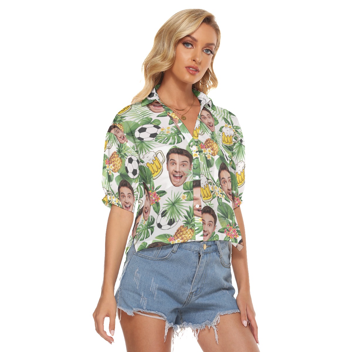 Custom Tropical Soccer Beer Hawaiian Crop Top Shirt With Face