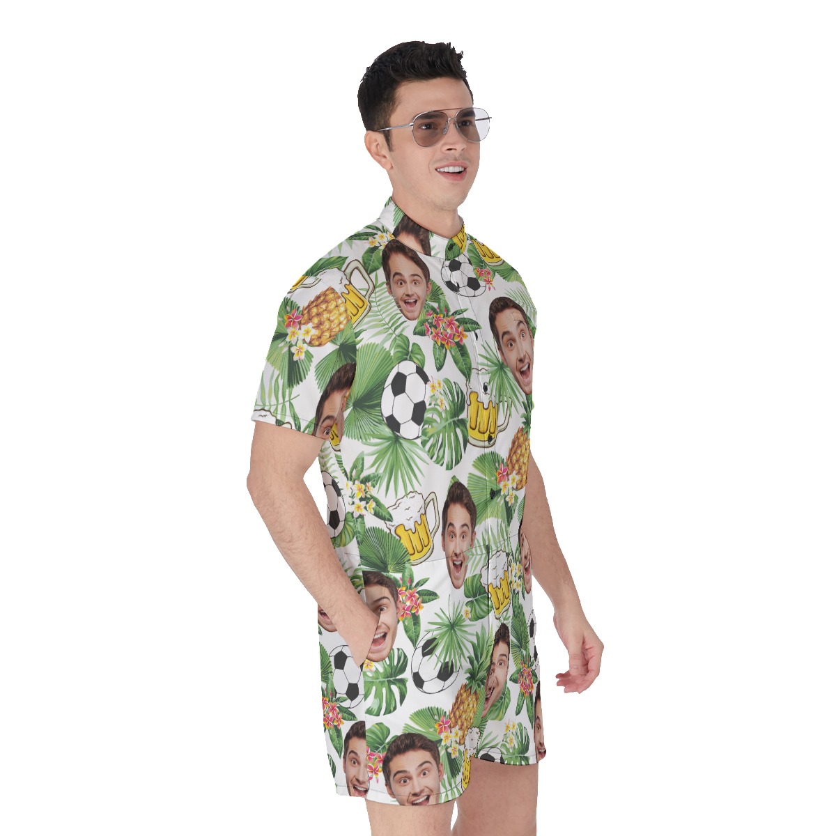 Funny Custom Face Beer And Soccer Hawaiian Romper For Men