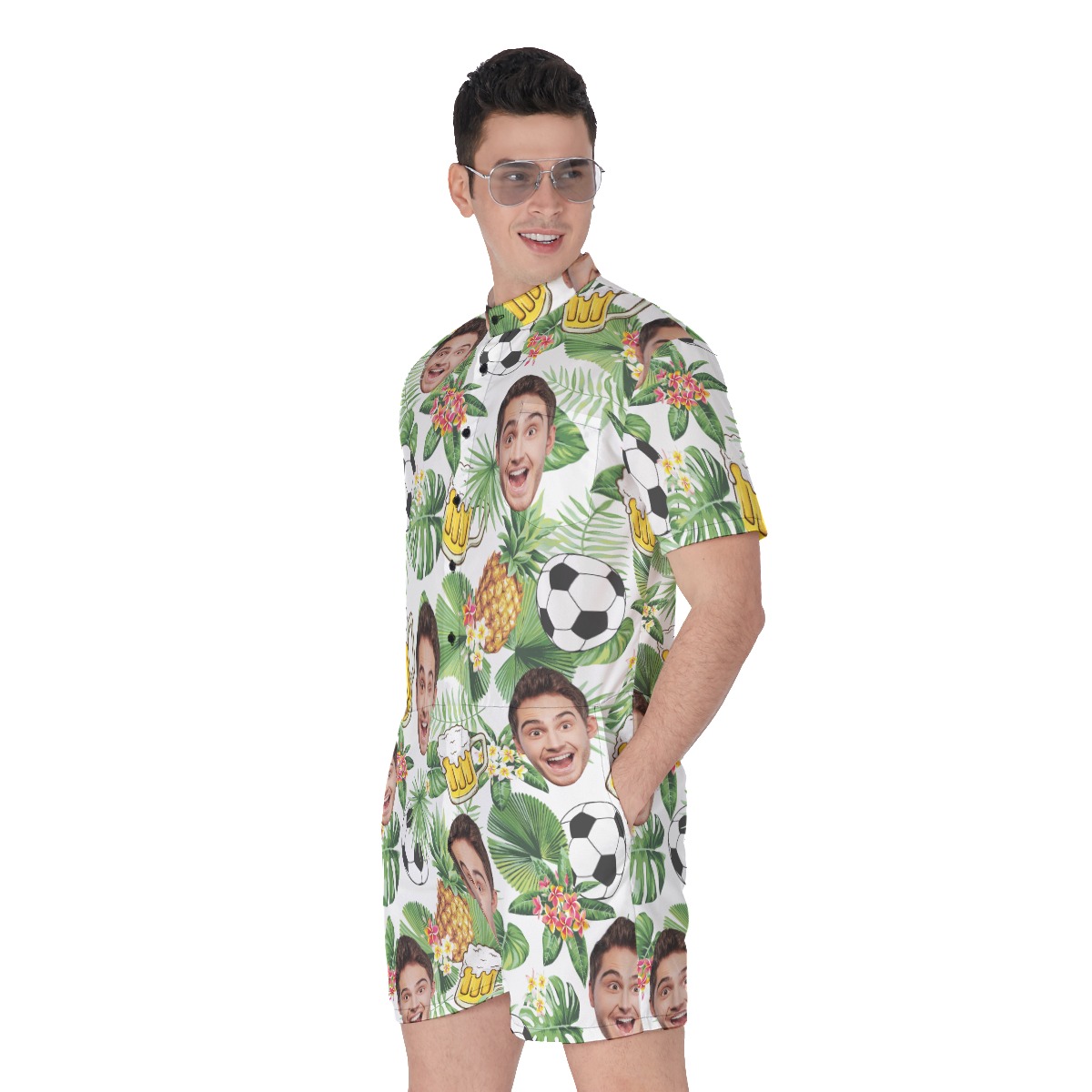 Funny Custom Face Beer And Soccer Hawaiian Romper For Men