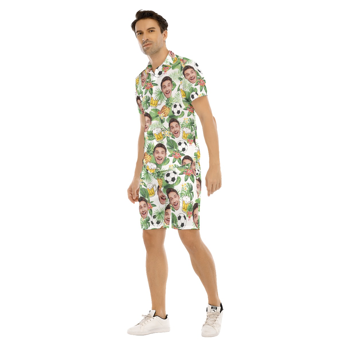 Set Custom Face Beer Soccer Hawaiian Shirt And Shorts For Men