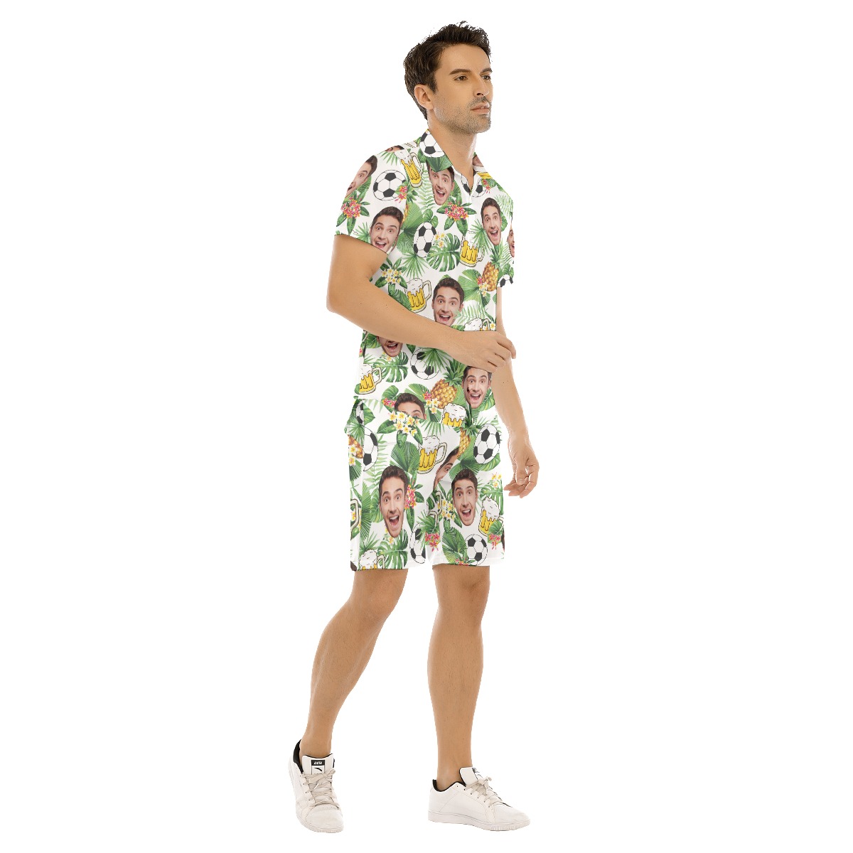 Set Custom Face Beer Soccer Hawaiian Shirt And Shorts For Men