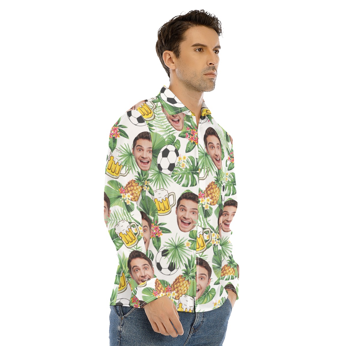 Custom Face Mix Beer And Soccer Hawaiian Long Sleeve Shirt