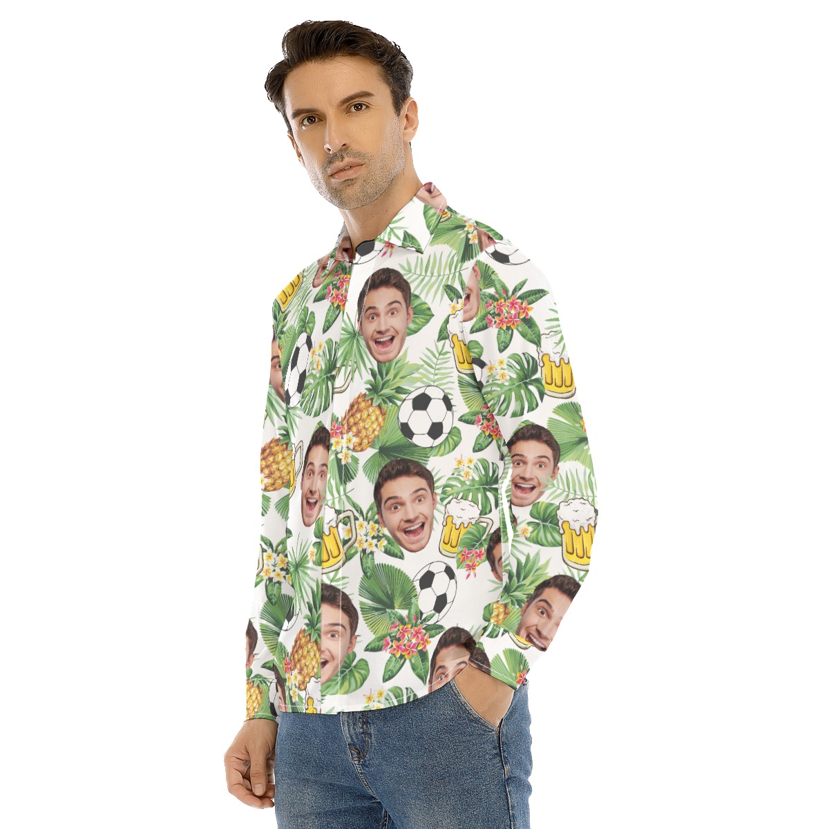 Custom Face Mix Beer And Soccer Hawaiian Long Sleeve Shirt
