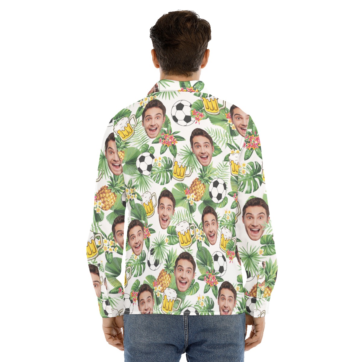 Custom Face Mix Beer And Soccer Hawaiian Long Sleeve Shirt