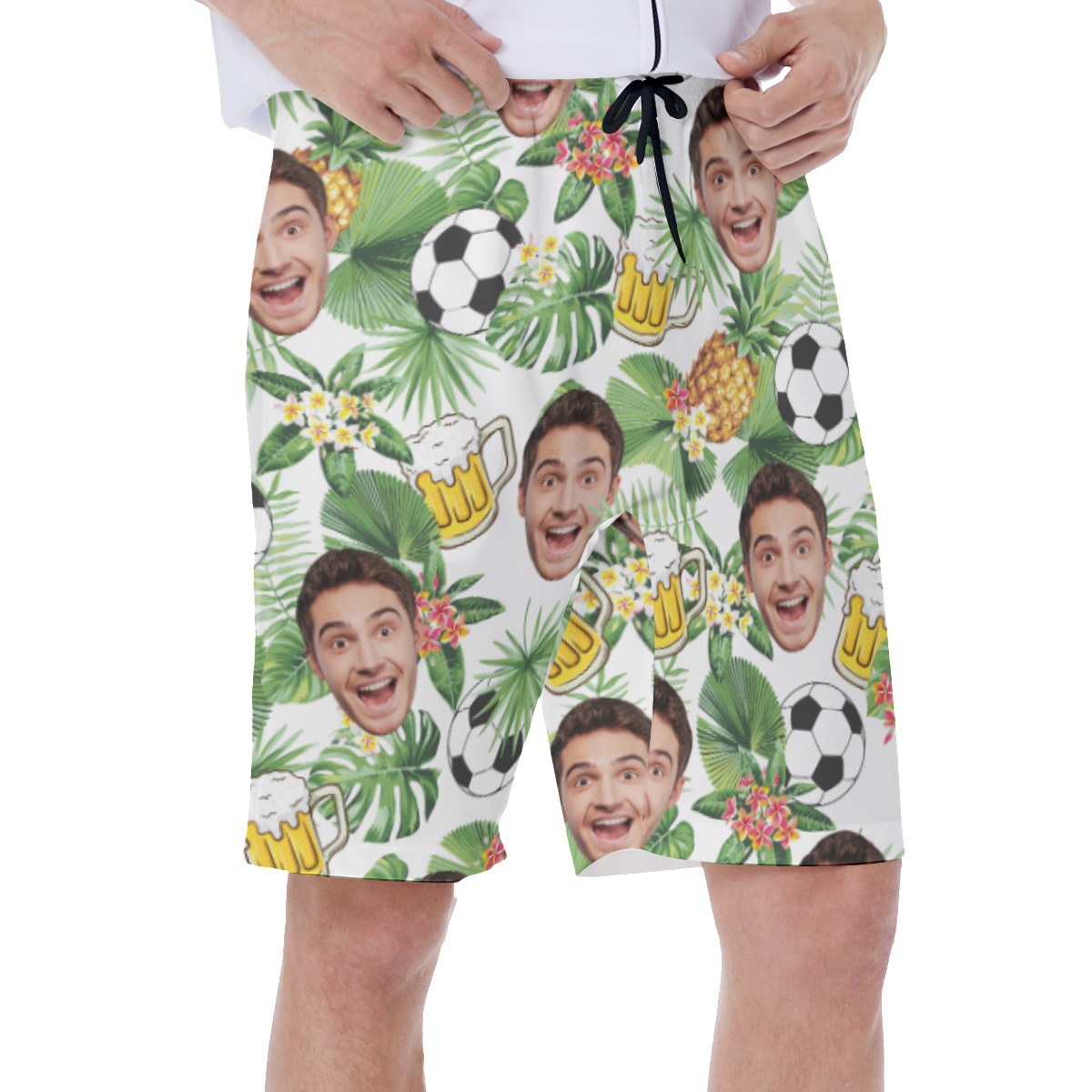 Funny Custom Face Beer And Soccer Hawaiian Swim Trunks For Men