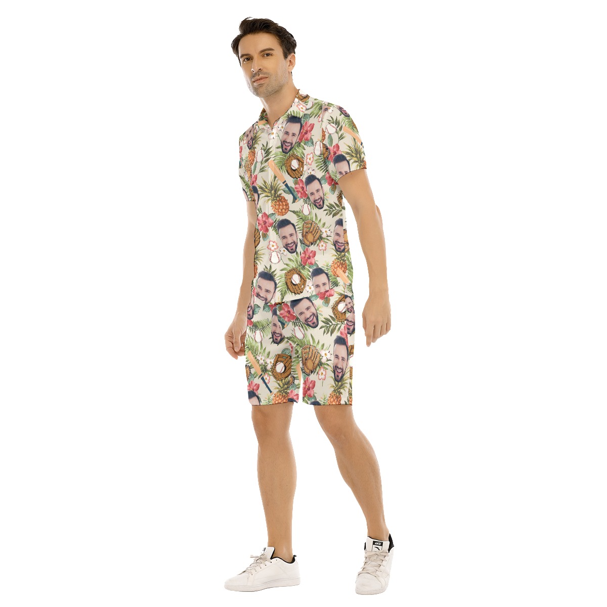 Set Custom Face Baseball Tropical Hawaiian Shirt And Shorts For Men