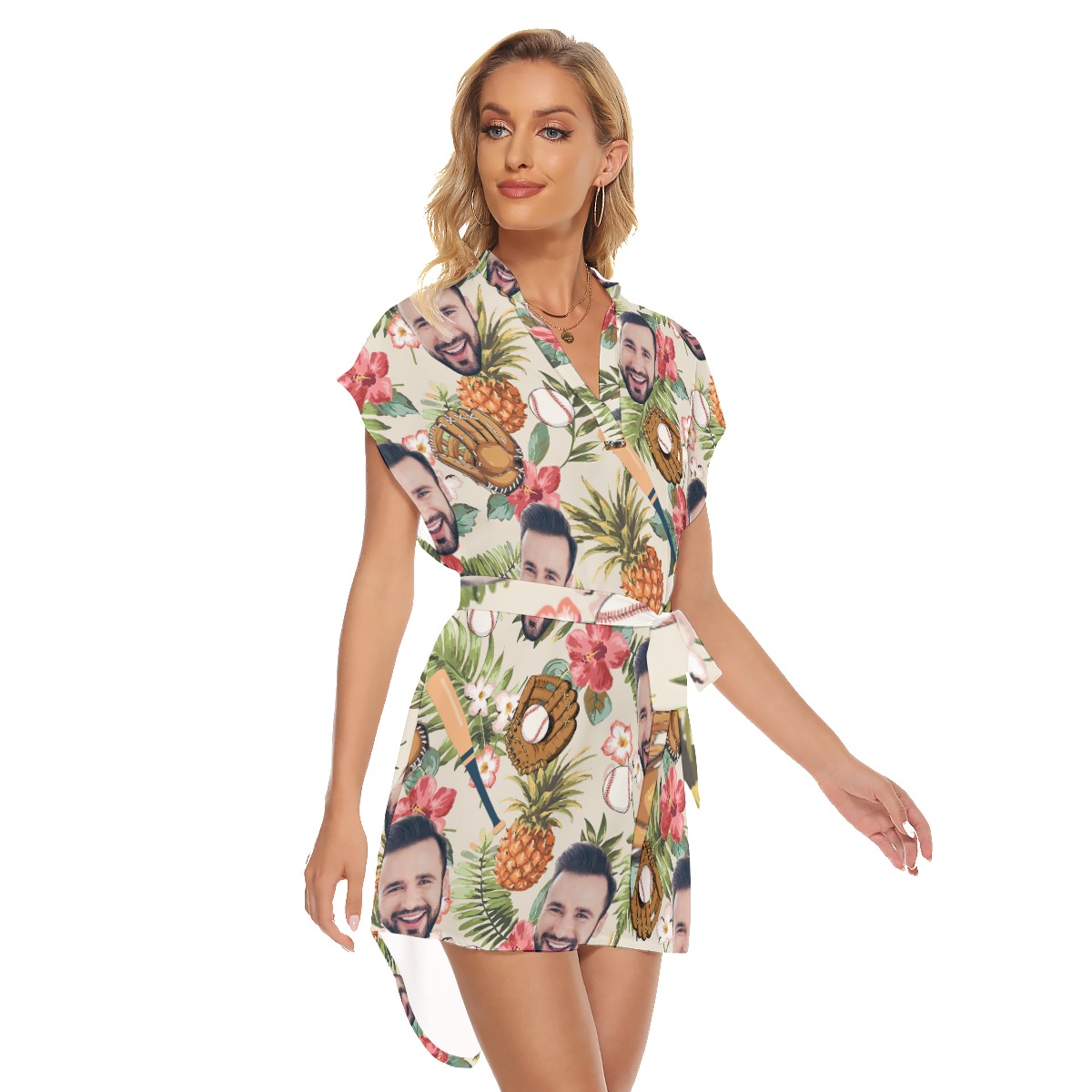Custom Face Baseball Floral Hawaiian Dress With Belt For Summer