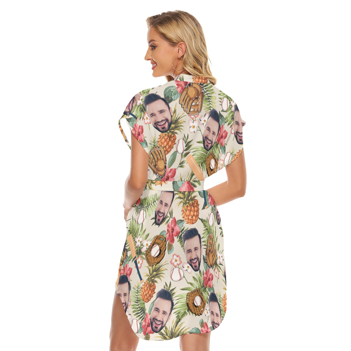 Custom Face Baseball Floral Hawaiian Dress With Belt For Summer